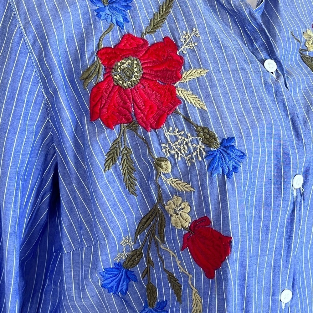 LOFT EMBROIDERED TAB COLLAR BUTTONDOWN TOP BLUE WHITE STRIPED BOHO RUFFLE SLEEVE - Picture 8 of 11